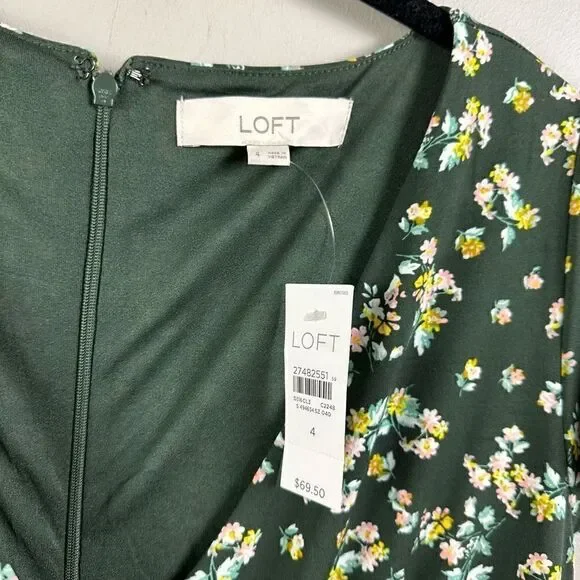 Ann Taylor Loft green ditsy mini floral bouquet v neck faux wrap dress - Picture 5 of 10